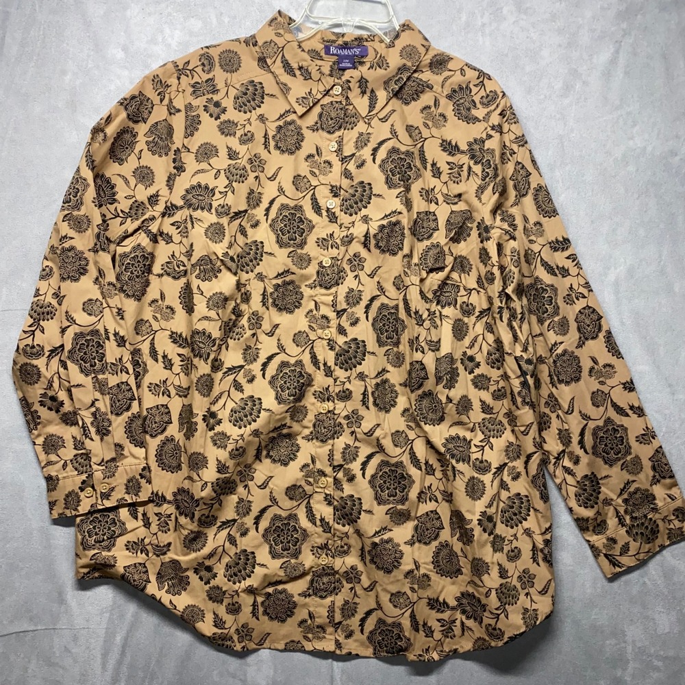 Roamans 22W Tan Black Floral Print Button Down Long Sleeve Shirt Top